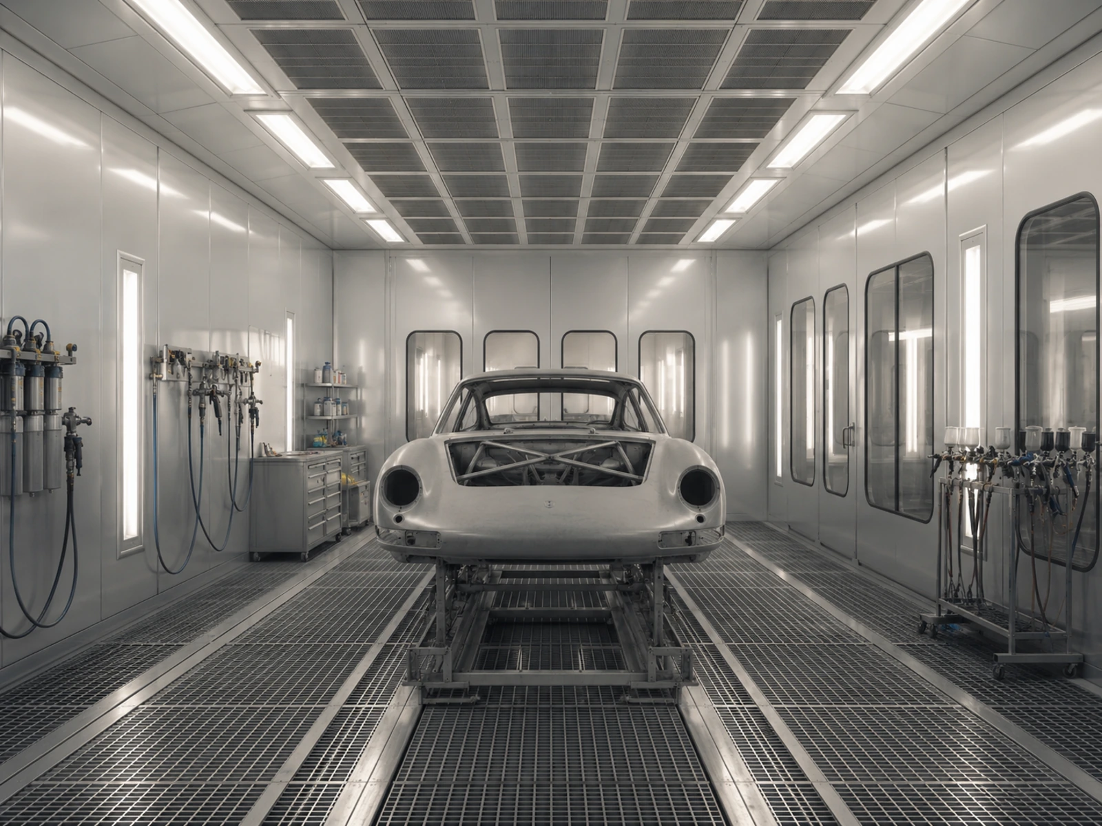 Controlled body and paint room with a ventilated floor, bright surface lighting and an unbranded prepared body shell