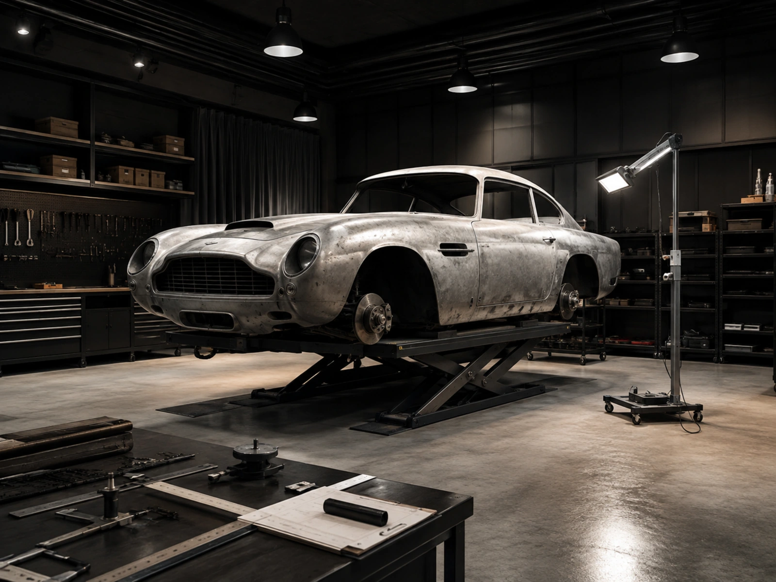 Neutral VANTA inspection bay with even technical light and clear access around an anonymous vehicle form