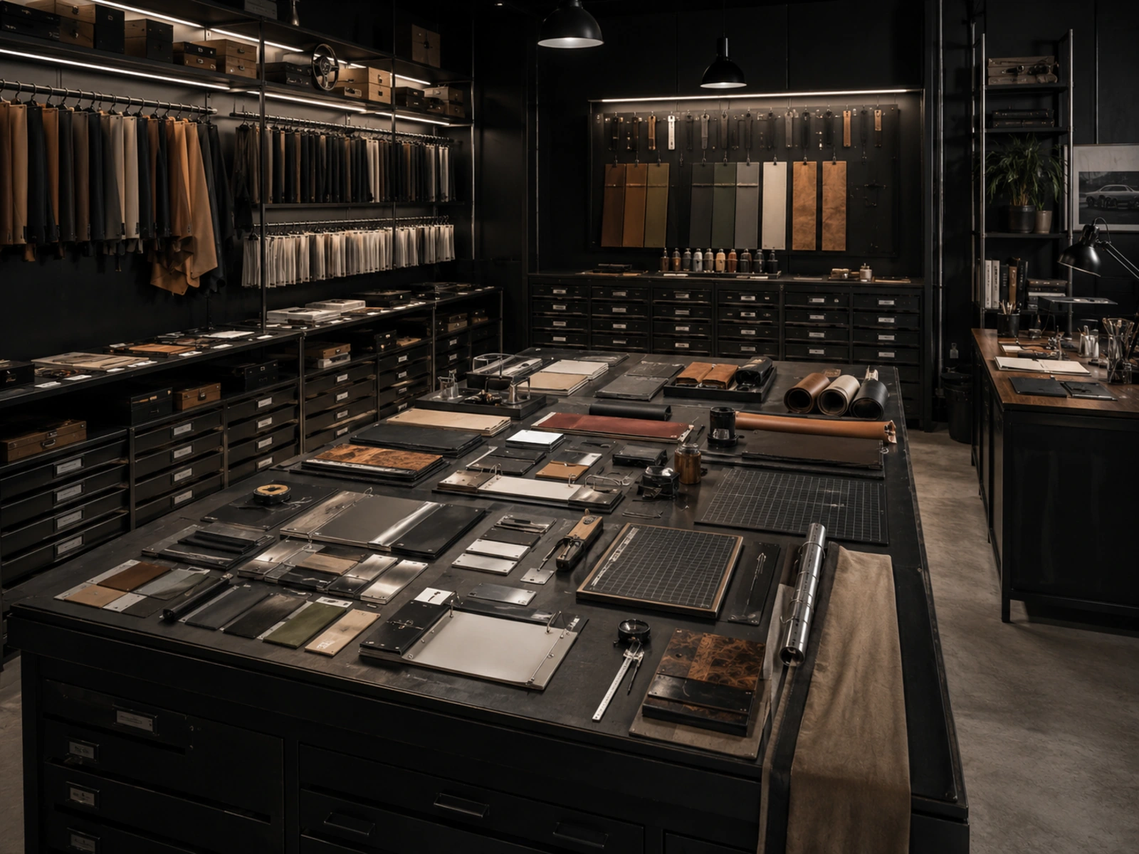 VANTA material worktable with unbranded leather, textile, aluminium, timber and muted paint samples