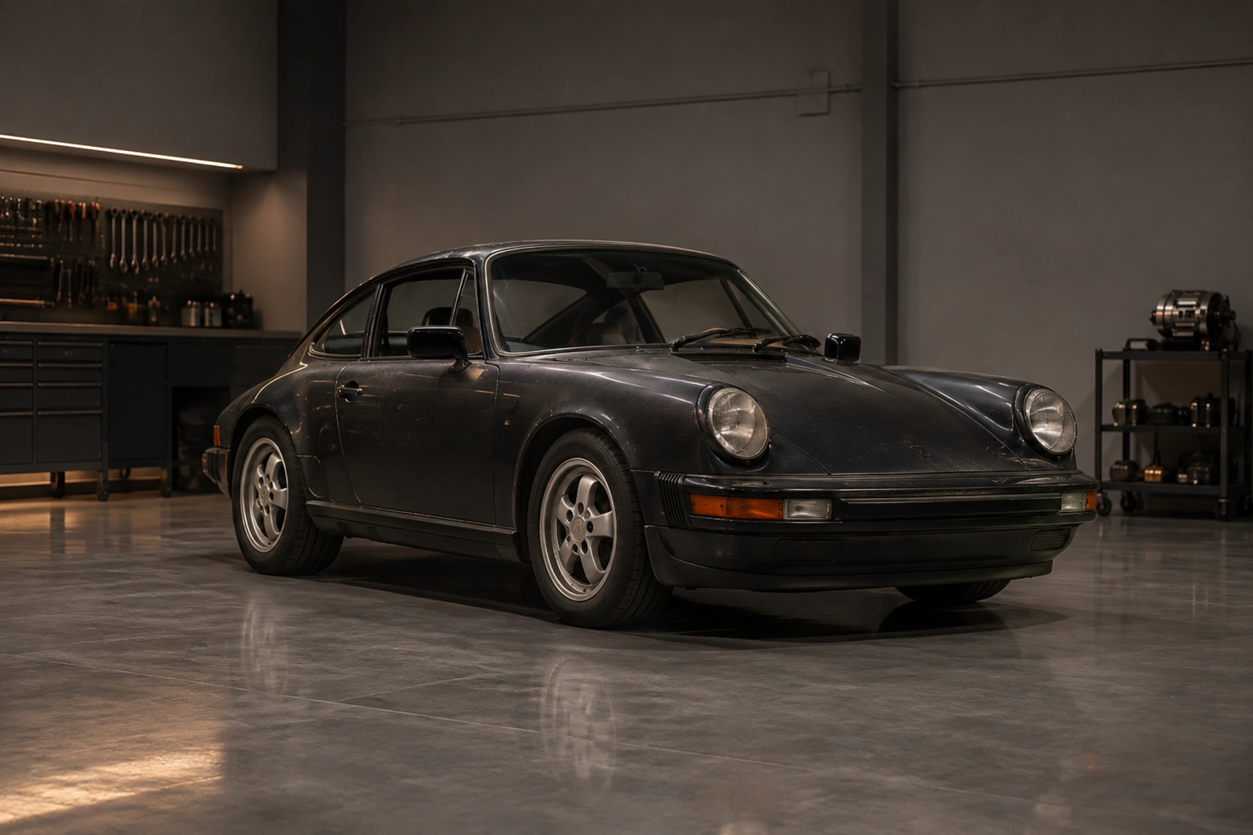 Black Index Porsche 911 generation 964 concept in a locked front three-quarter atelier view, with ordinary surface wear and a subdued graphite finish