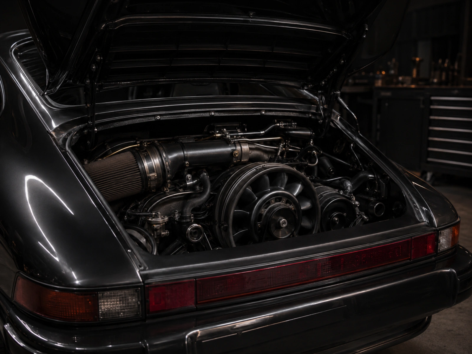 Black Index rear engine bay with ordered dark metal, exposed cooling fan and accessible analogue mechanical systems