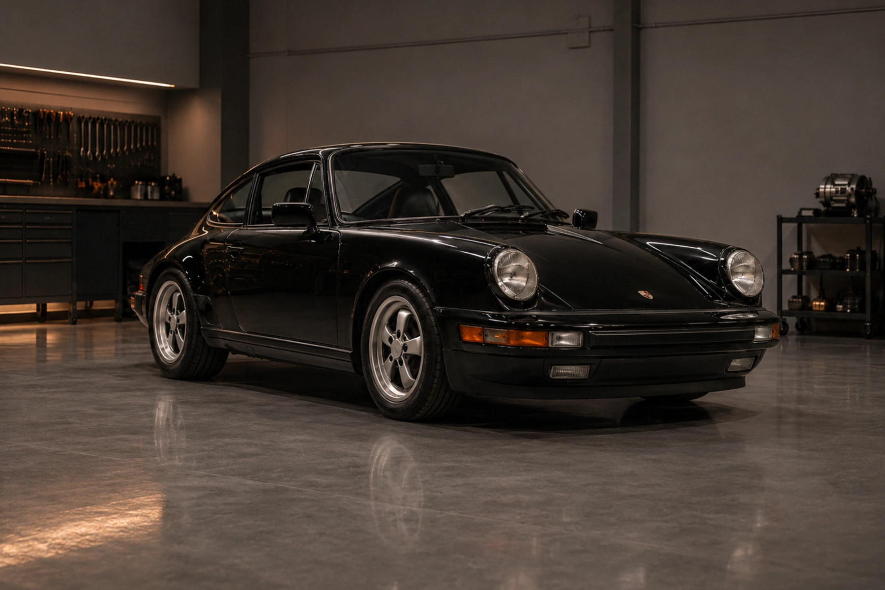 Black Index Porsche 911 generation 964 concept in the matching locked front three-quarter atelier view, with a calm deep-black finish and ordered surfaces