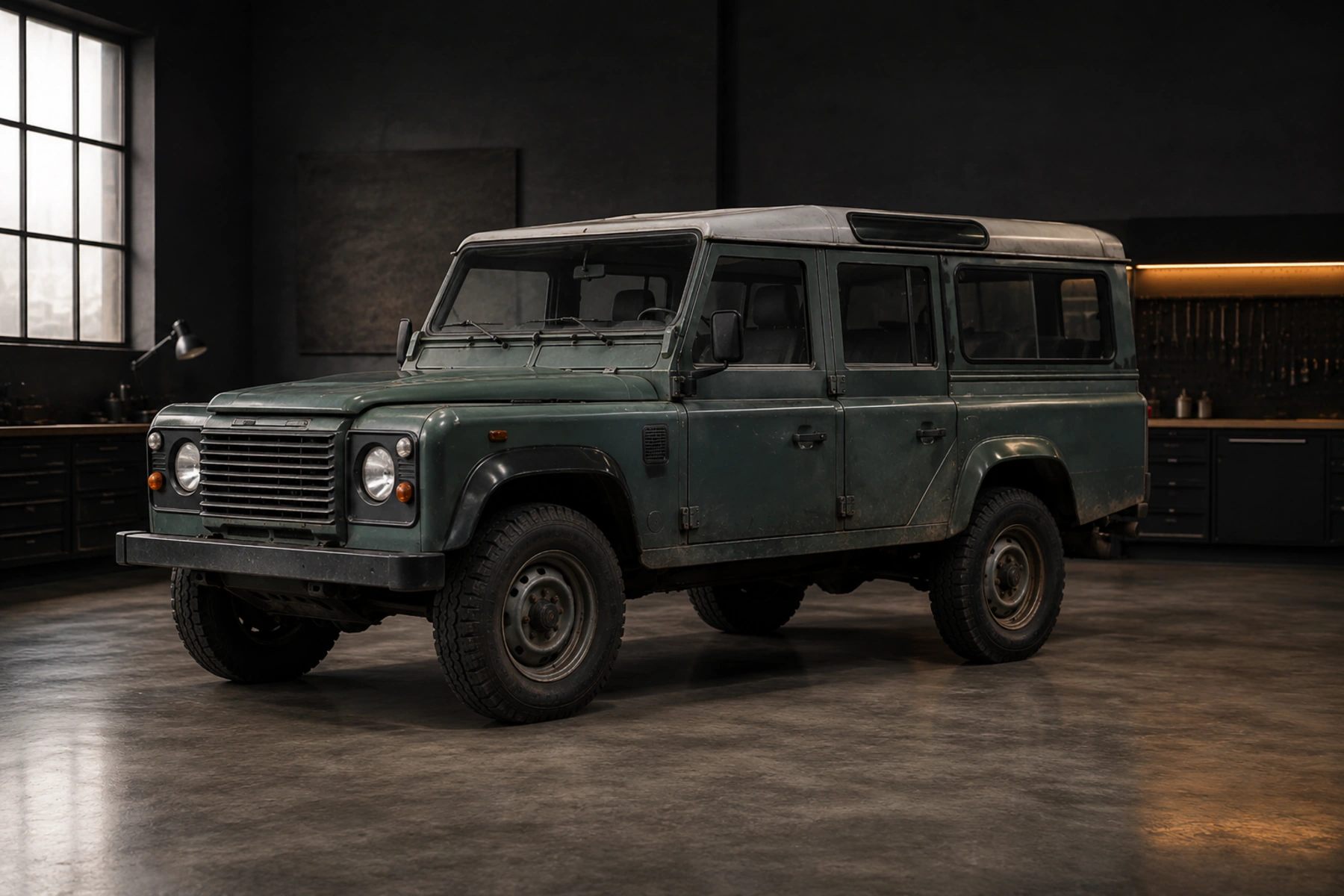 Long Range Land Rover Defender 110 concept in a locked front three-quarter atelier view, with ordinary utility wear and a muted green finish
