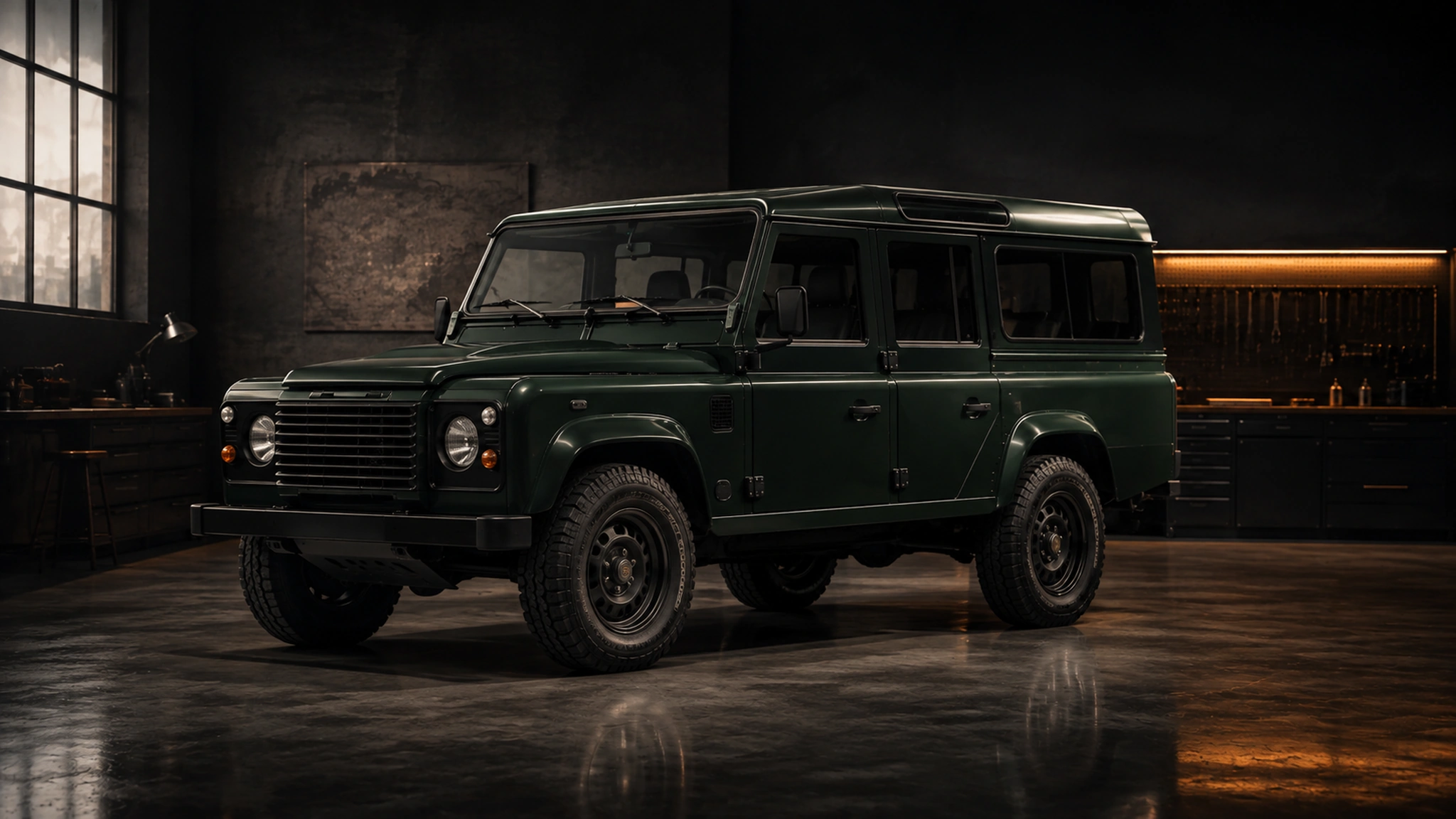 Long Range Land Rover Defender 110 concept in a broad front three-quarter view in a dark technical atelier