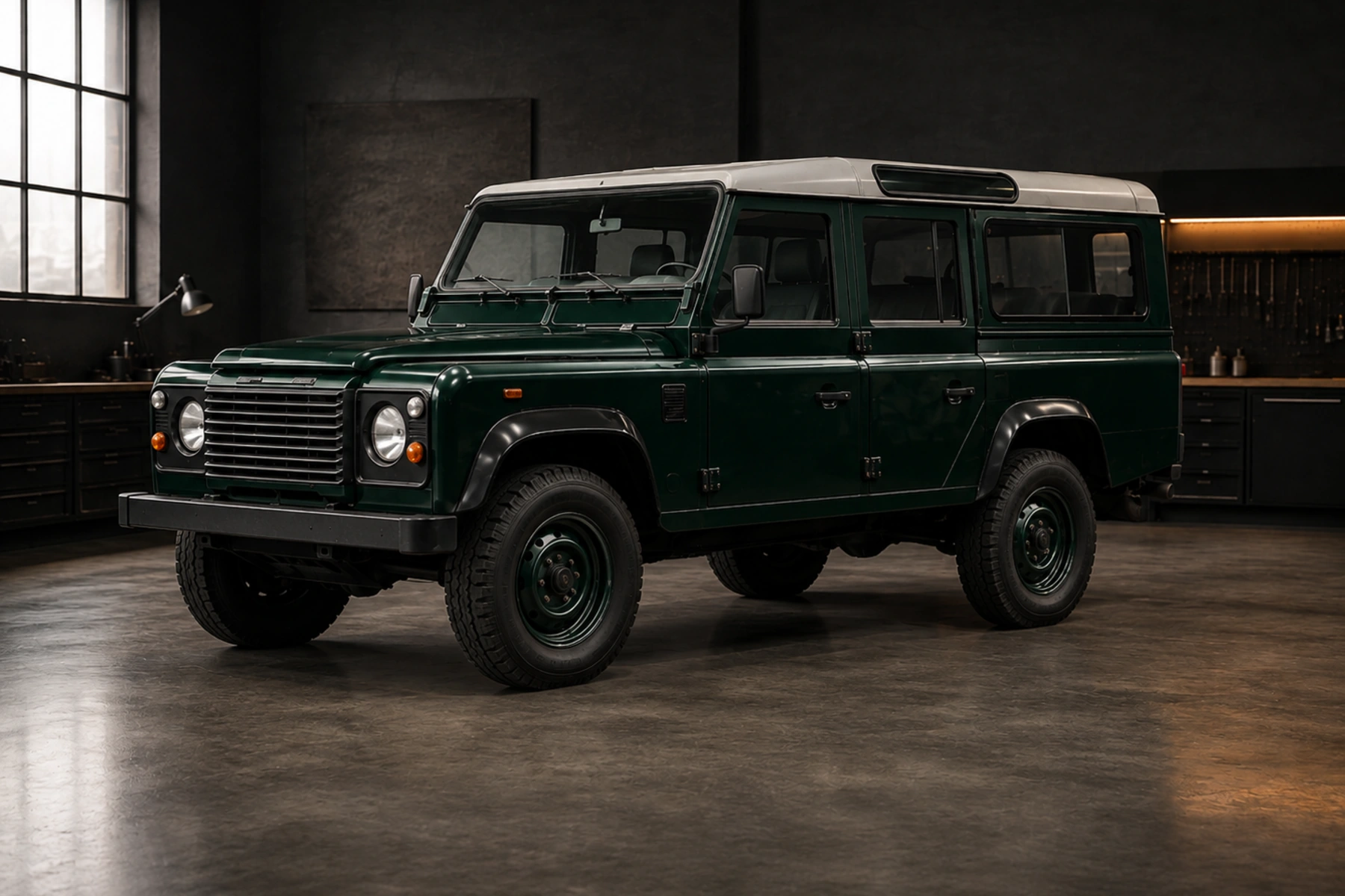 Long Range Land Rover Defender 110 concept in the matching locked front three-quarter atelier view, with protected deep-green surfaces and restrained utility order