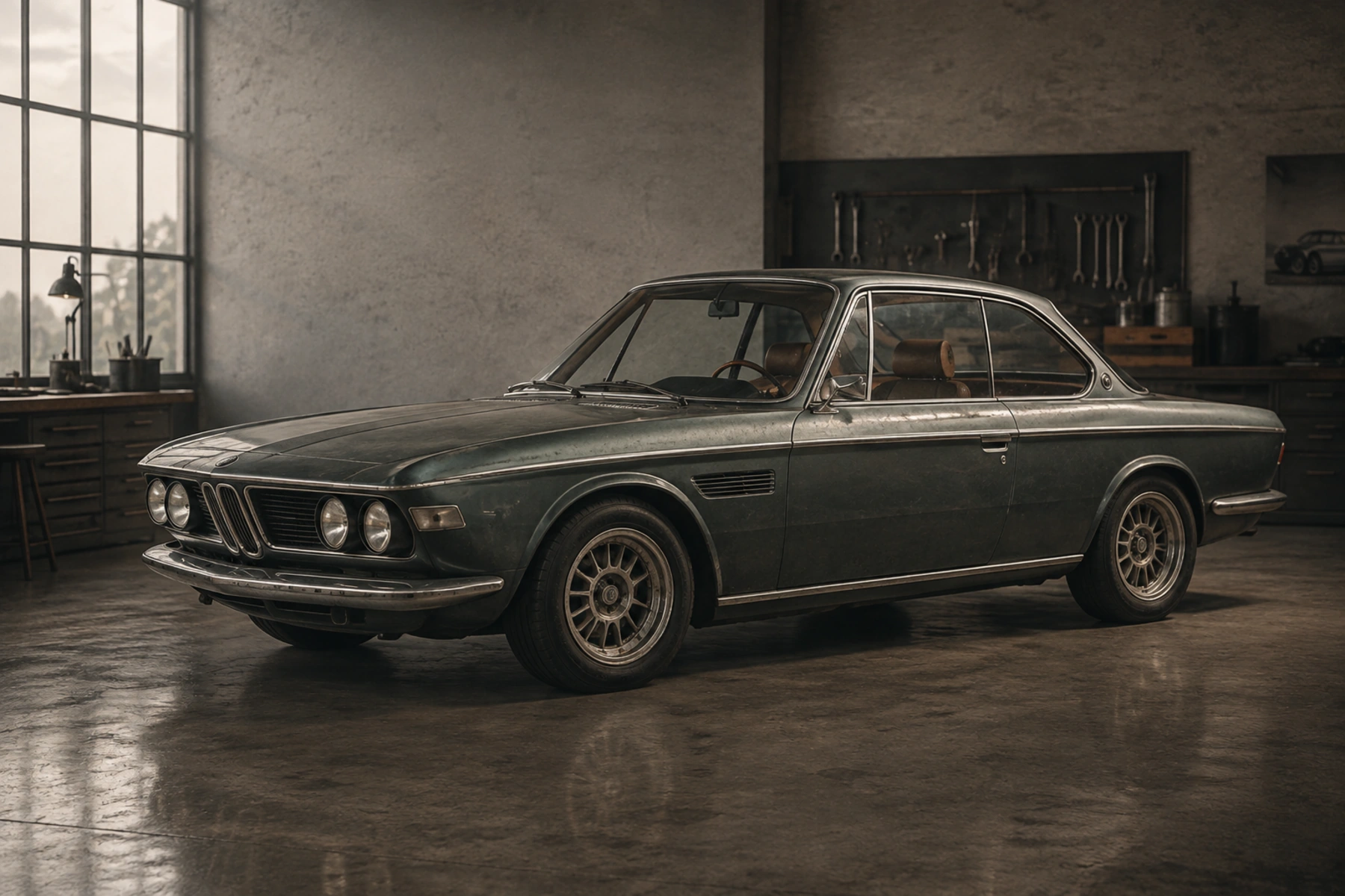 Neue Linie BMW E9 concept in a locked front three-quarter atelier view, with ordinary patina and muted dark-green surfaces