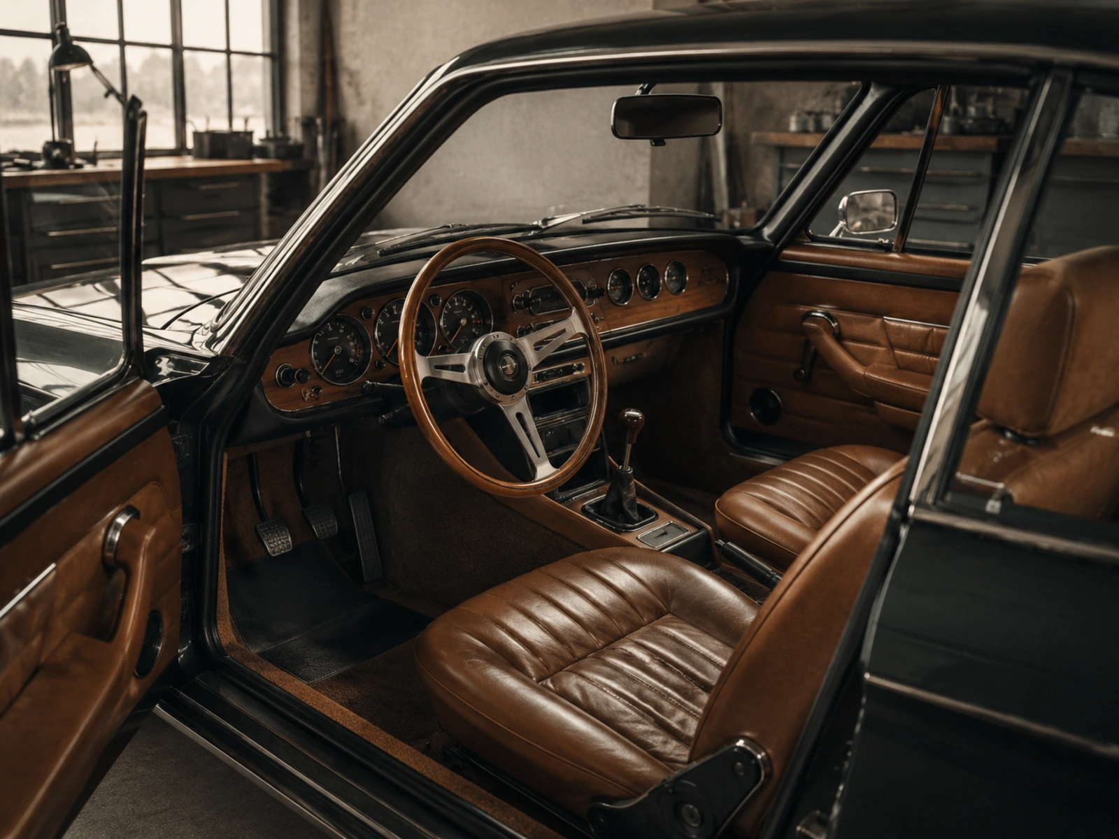 Warm Neue Linie cabin with cognac leather, timber trim and analogue instruments