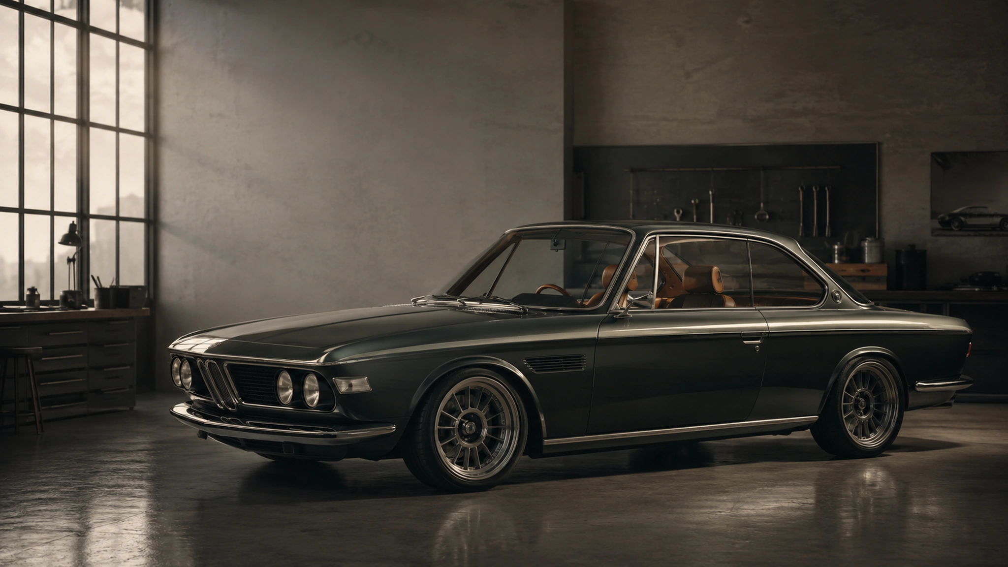 Neue Linie BMW E9 concept in a low side three-quarter view in a softly lit technical atelier