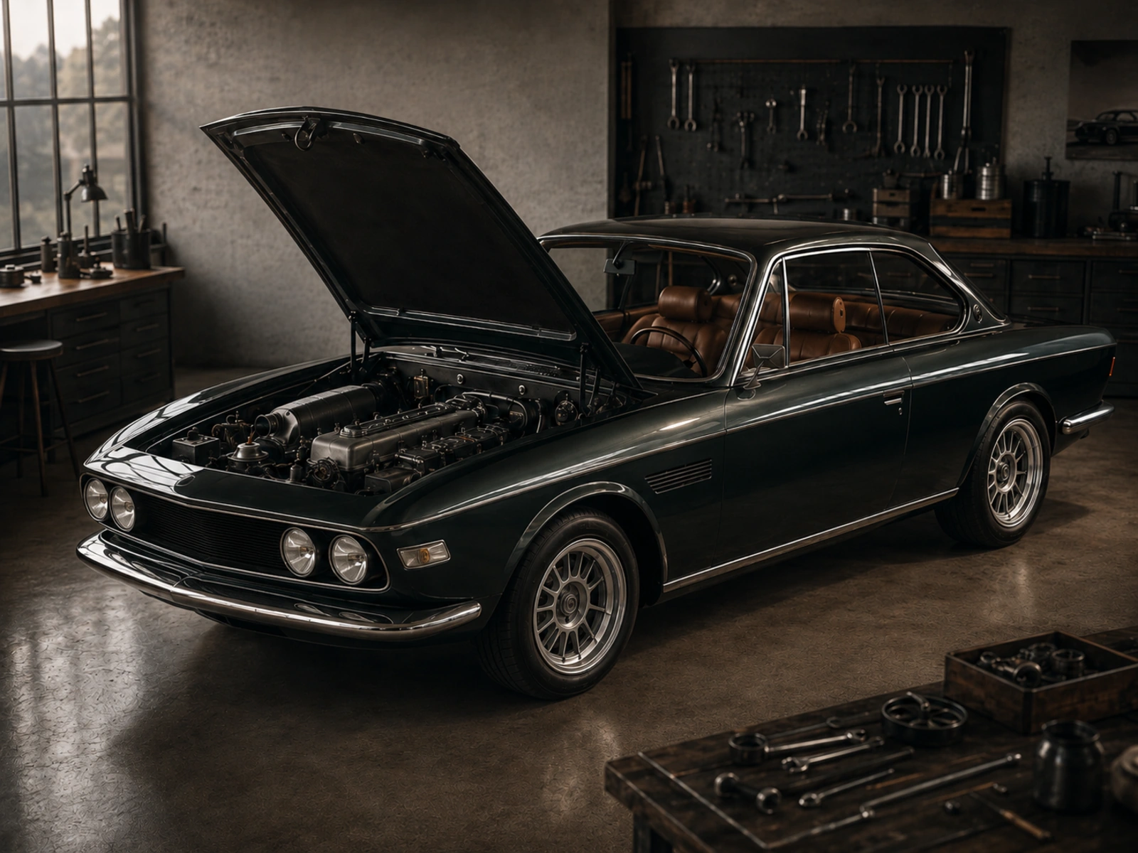 Neue Linie classic engine bay with dark green bodywork, warm cabin details and unbranded analogue mechanical components