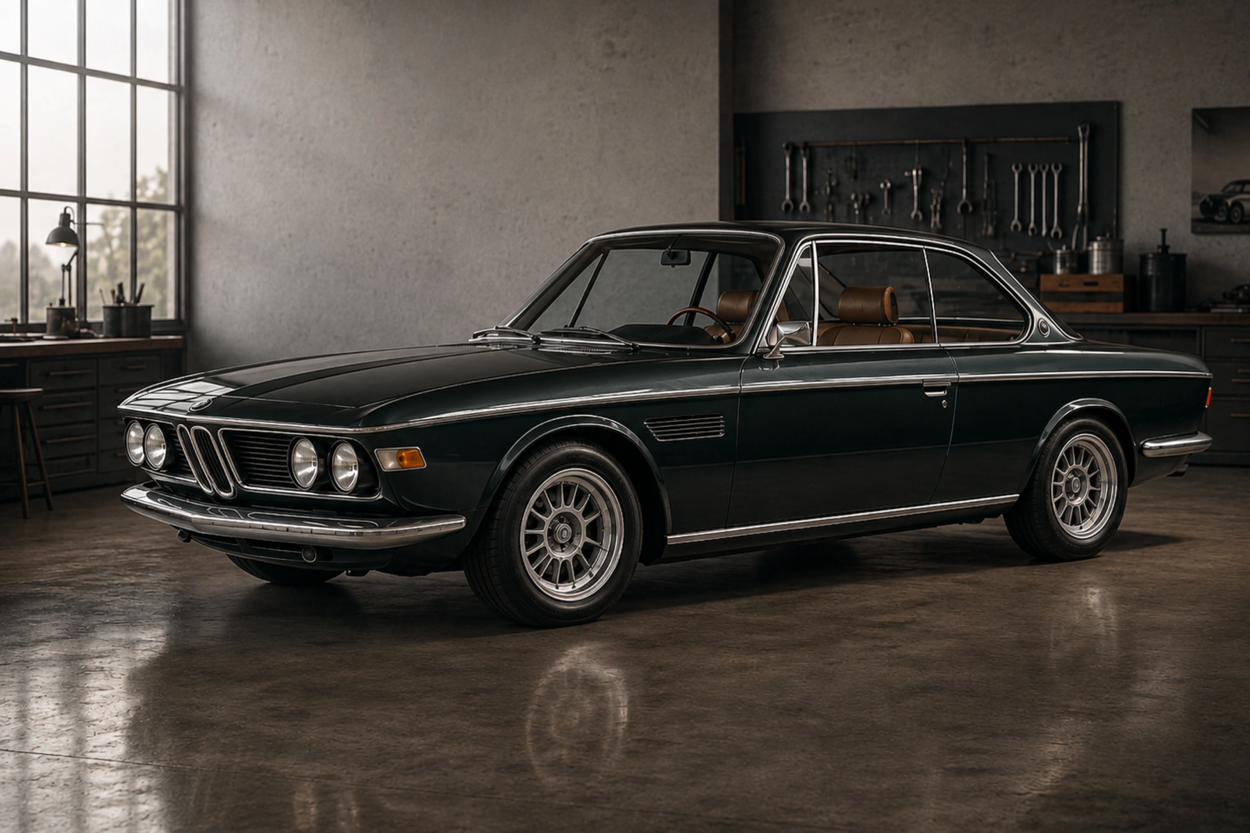 Neue Linie BMW E9 concept in the matching locked front three-quarter atelier view, with coherent deep-green surfaces and a clear glasshouse