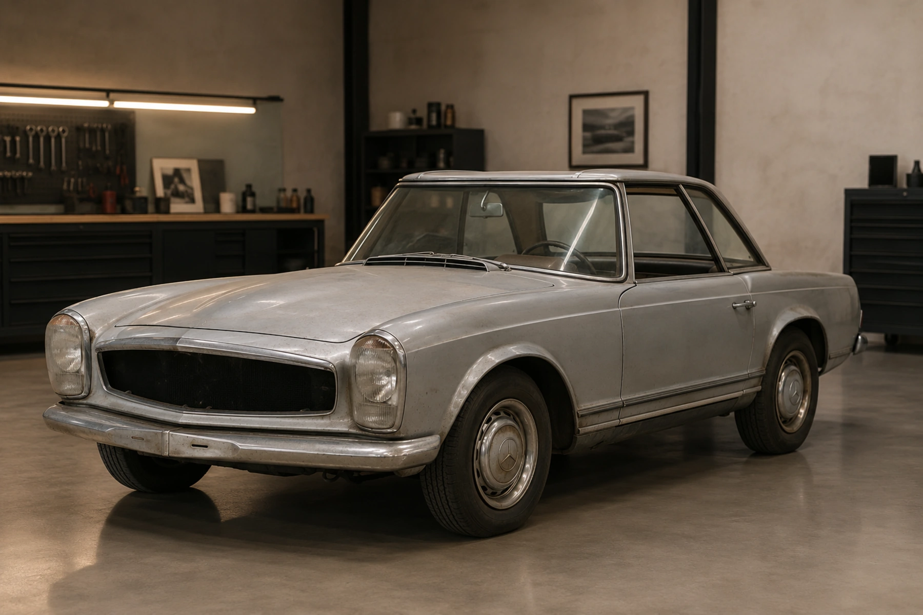 Silver Arc Mercedes-Benz SL generation W113 concept in a locked front three-quarter inspection-bay view, with dull silver surfaces and ordinary finish inconsistency
