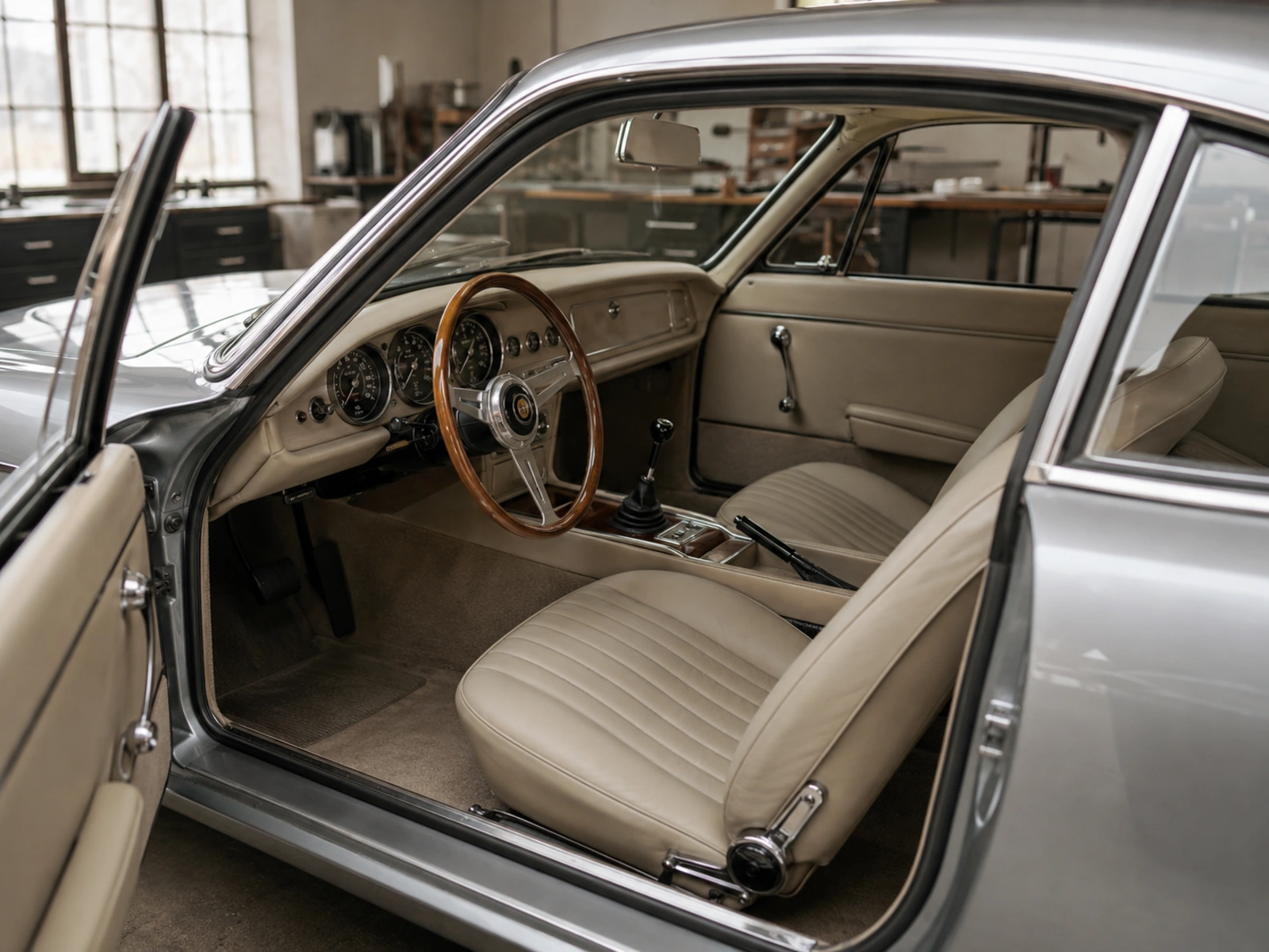 Light Silver Arc cabin with ivory upholstery, a timber steering rim and analogue instruments