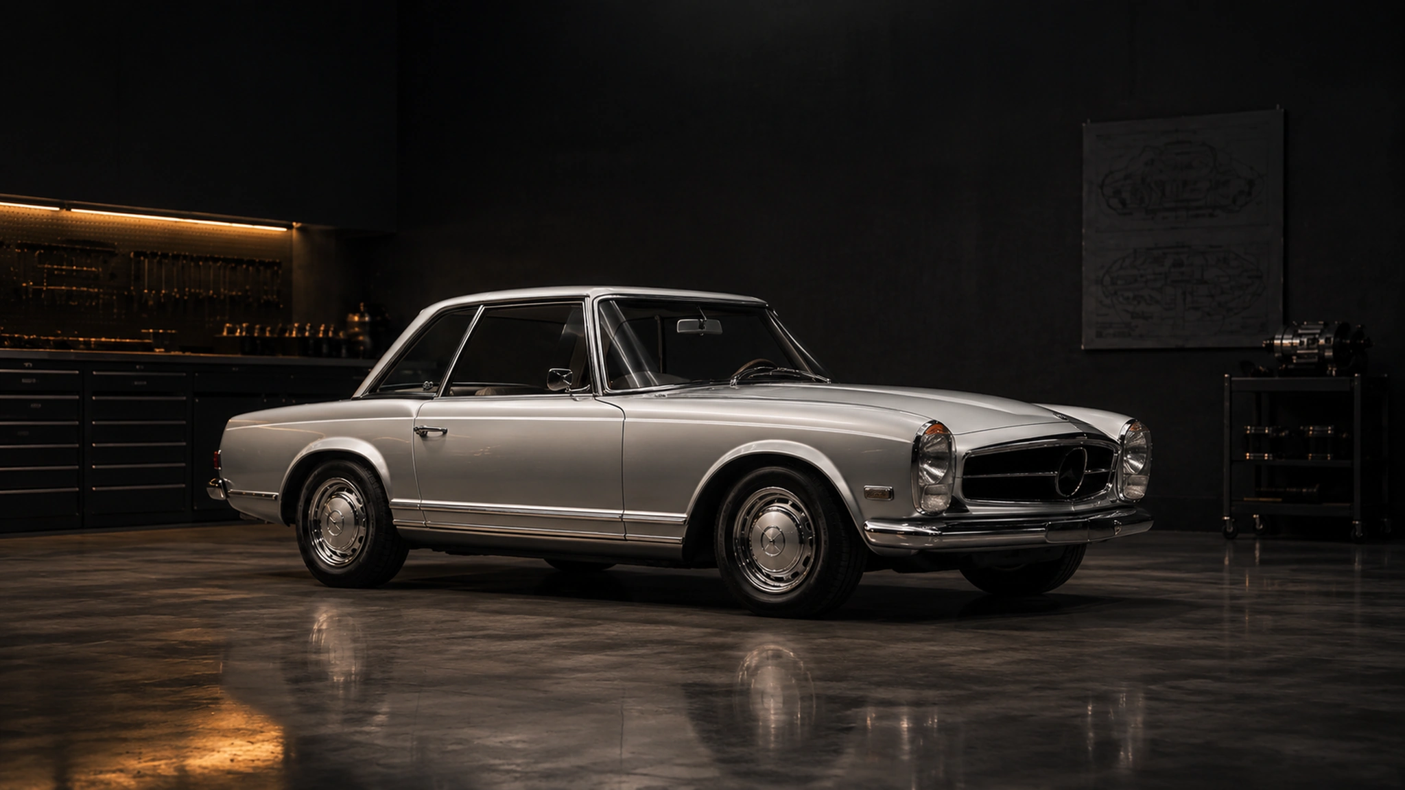 Silver Arc Mercedes-Benz SL generation W113 concept in a side-biased front three-quarter view in a dark technical atelier