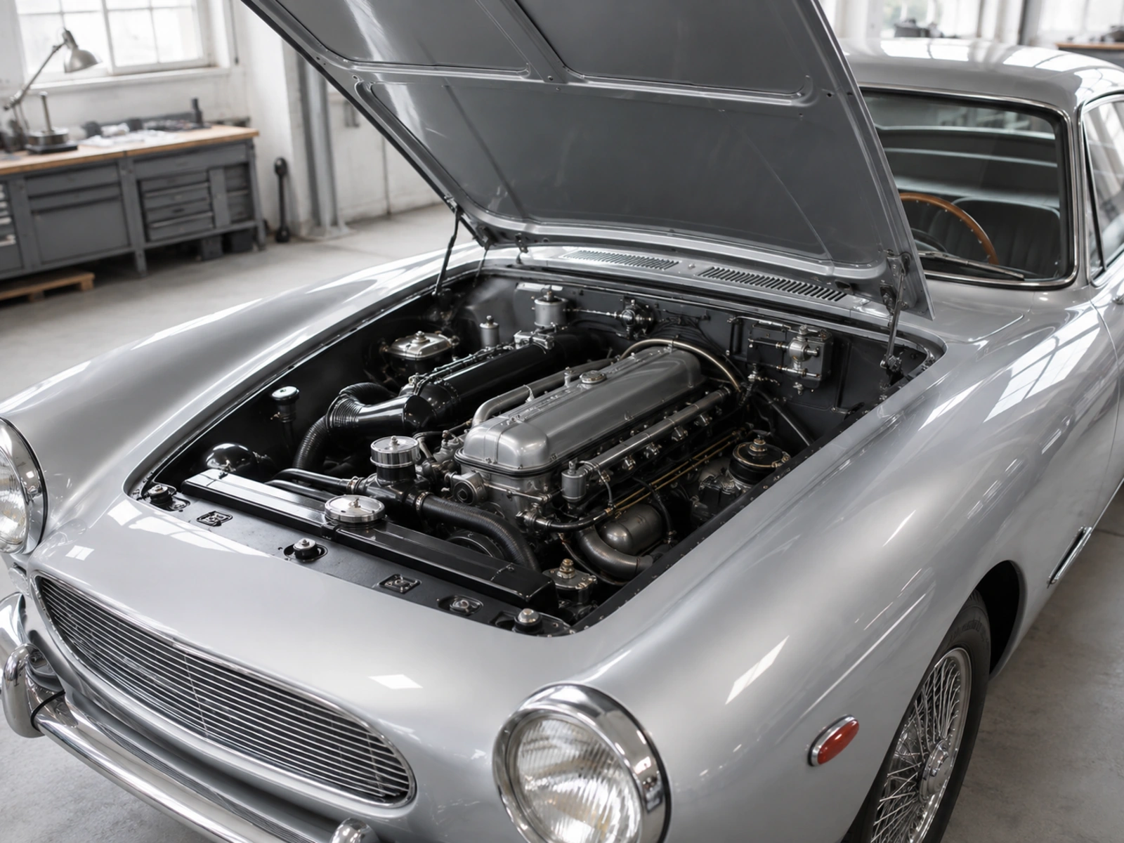 Clean Silver Arc engine bay with neutral silver finishes, ordered hoses and unbranded mechanical components