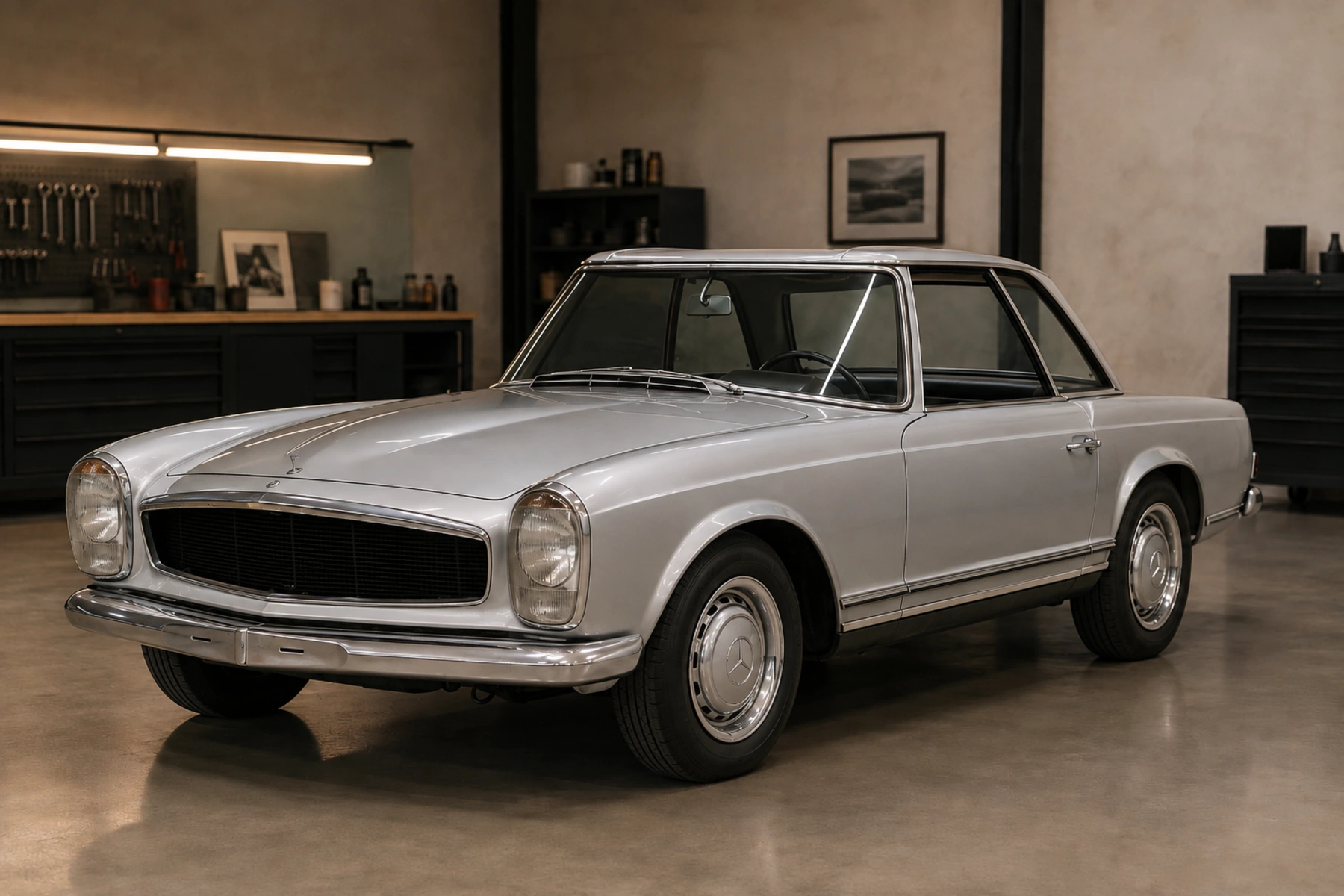 Silver Arc Mercedes-Benz SL generation W113 concept in the matching locked front three-quarter inspection-bay view, with coherent bright-silver surfaces and balanced gloss