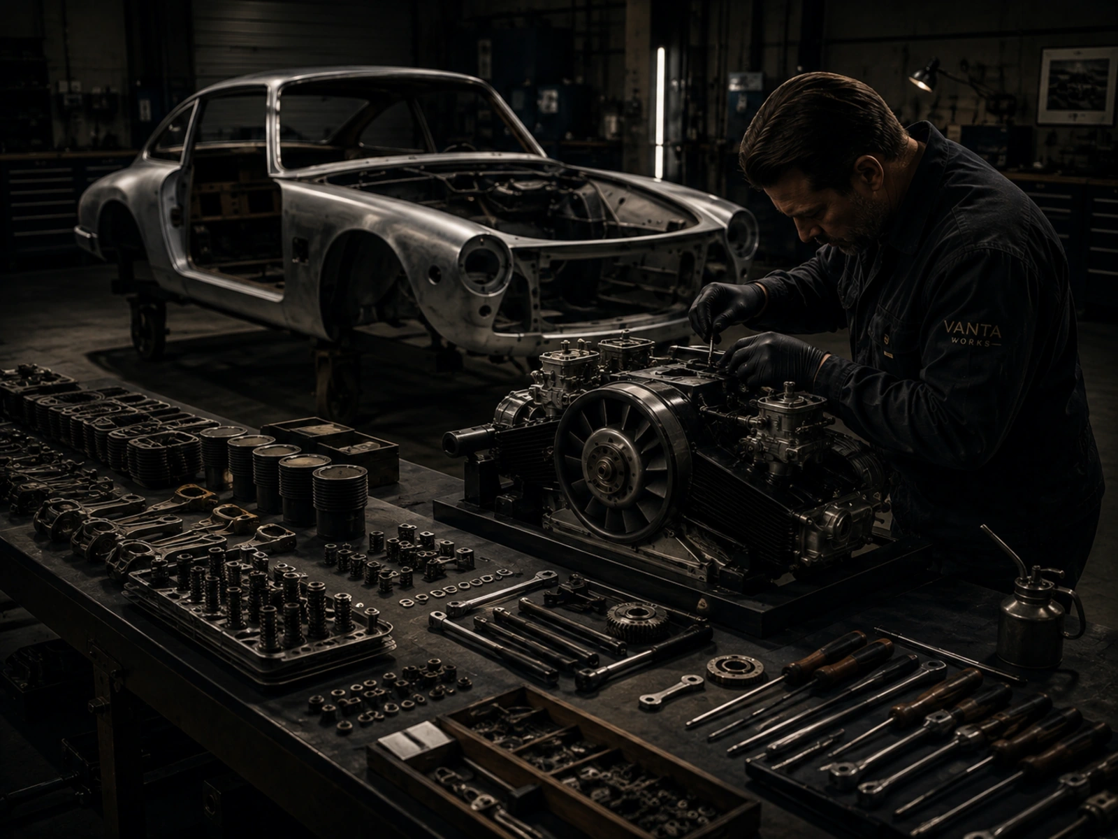 Protected hands rebuilding an unbranded mechanical assembly beside ordered tools and components