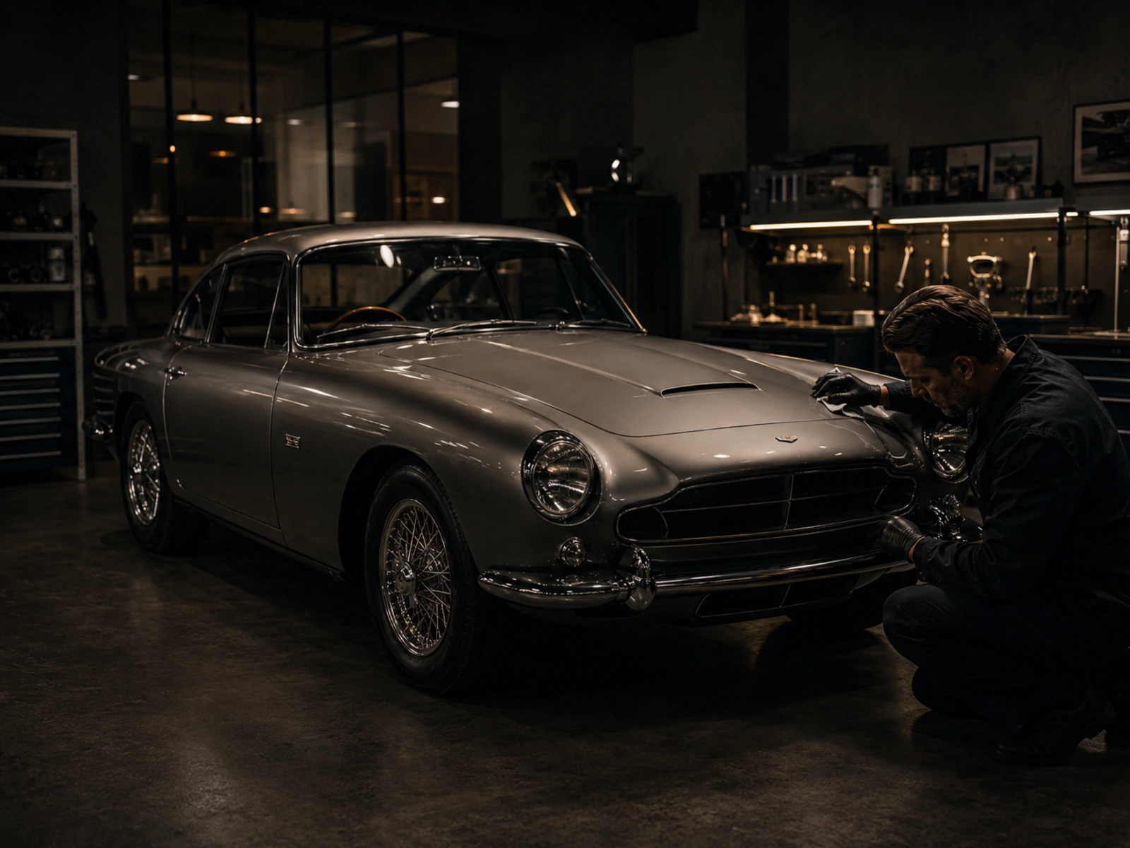 Complete classic-car concept under neutral atelier light during a final surface and panel-fit review